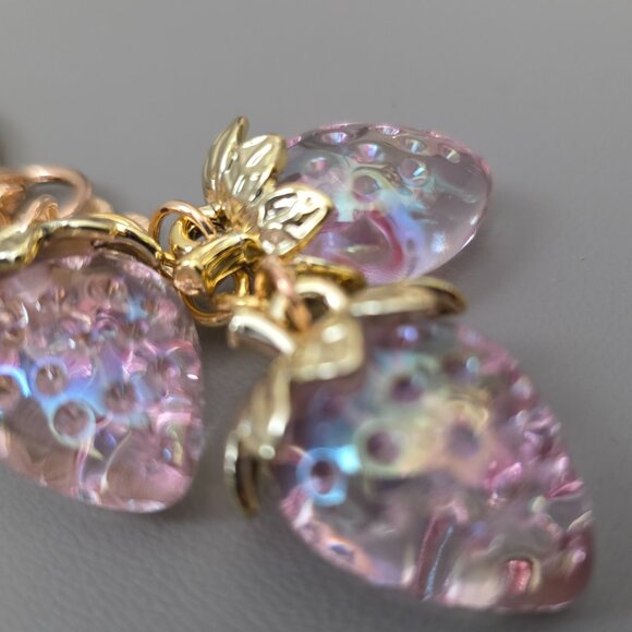 Pink Strawberry Keychain Gold-Tone Heart Clasp Textured Triple Charm - Picture 3 of 4